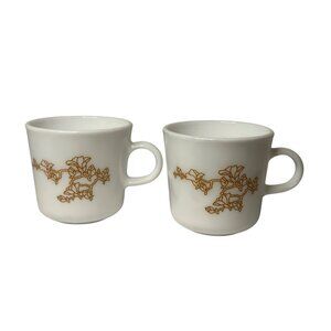 Vintage Corning Milk Glass Cherry Blossom Mugs 2Pc Brown Floral Oriental Pattern